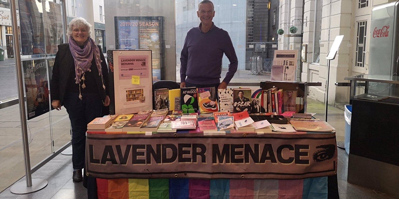 Image: Sigrid & Bob behind a Lavender Menace bookstall in the Royal Lyceum foyer