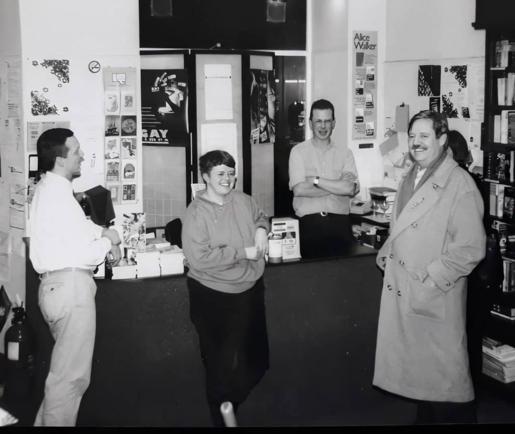Photo: David Benson, Kate Fearnley, Bob Orr with Armistead Maupin before a book launch in West & Wilde Bookshoop c1990. Photo credit: Kate Fearnley.
