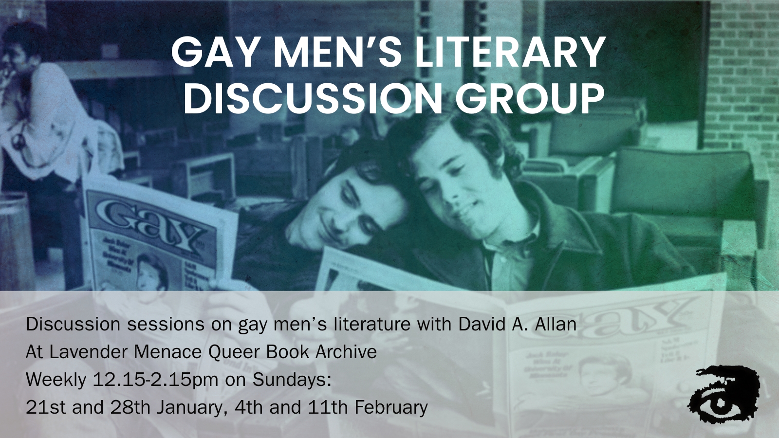 Decorative image - two men reading. Text: Gay Men's Literary Discussion Group
