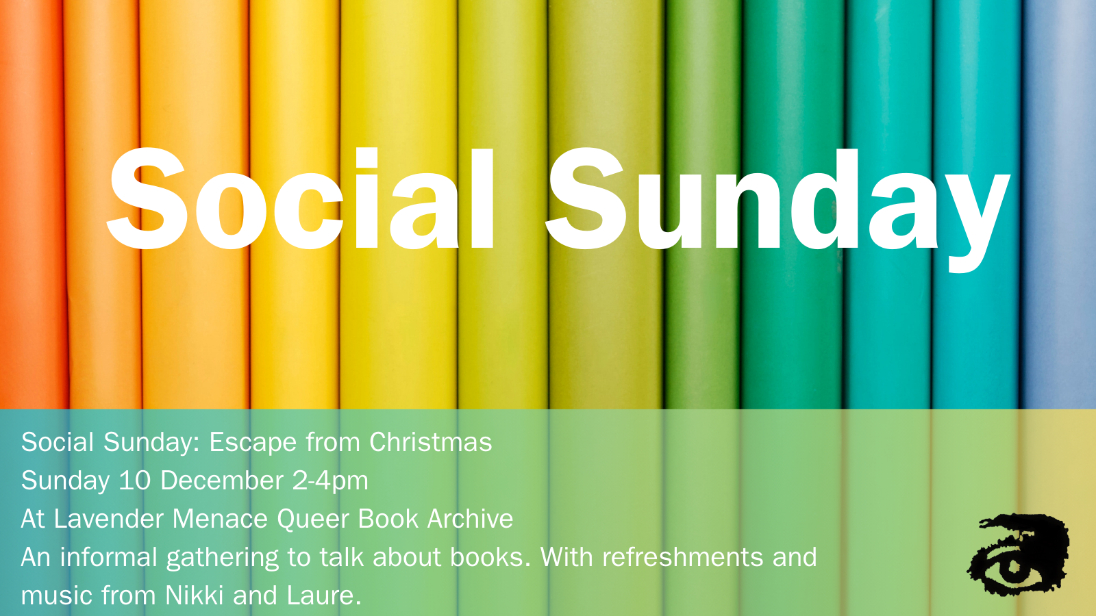 Decorative: Social Sunday against a background of book spines in different colours)