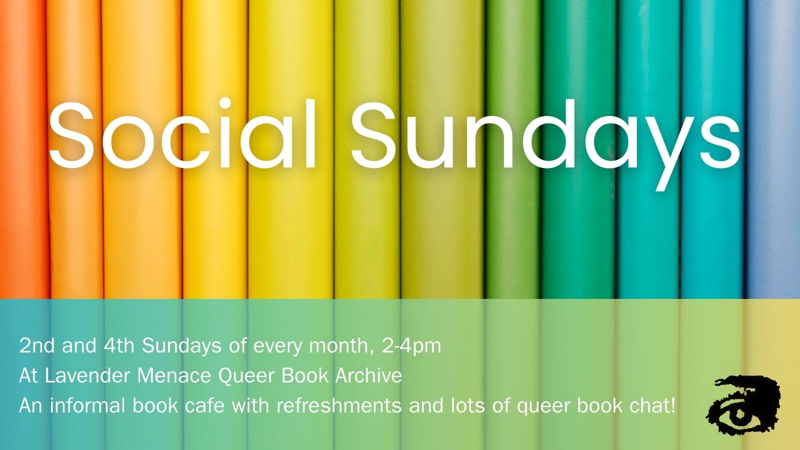 Decorative: An image of rainbow coloured books with the text Social Sunday