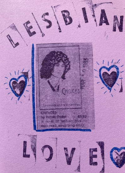 Image of a lavender zine, printed with hearts and leaves and the text "Lesbian Love"