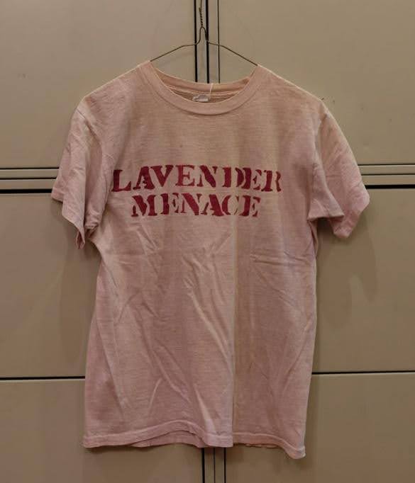 t-shirt printed with the text "lavender menace"