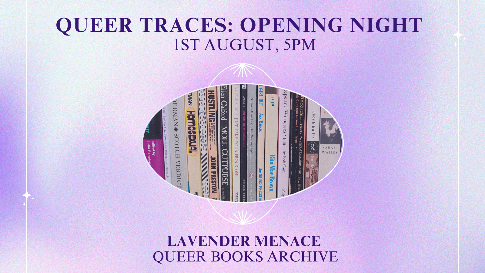 Decorative image with event information and a photo of queer books