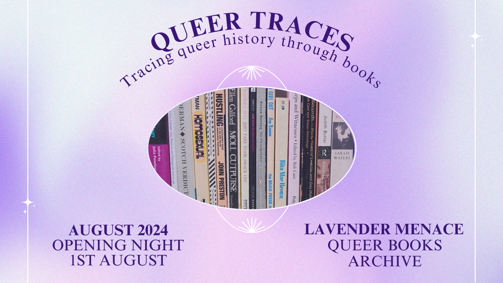 Decorative image with event information and a photo of queer books