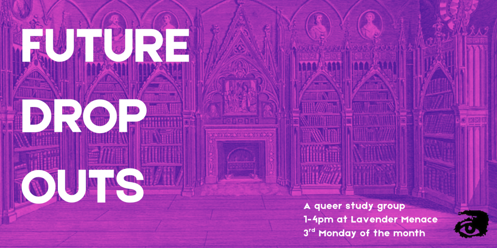 An engraving of an old library tainted purple with Future Drop Outs written on the left hand side