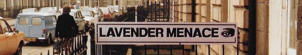 A photo of the Lavender Menace sign outside of the original bookshop in the 1980s
